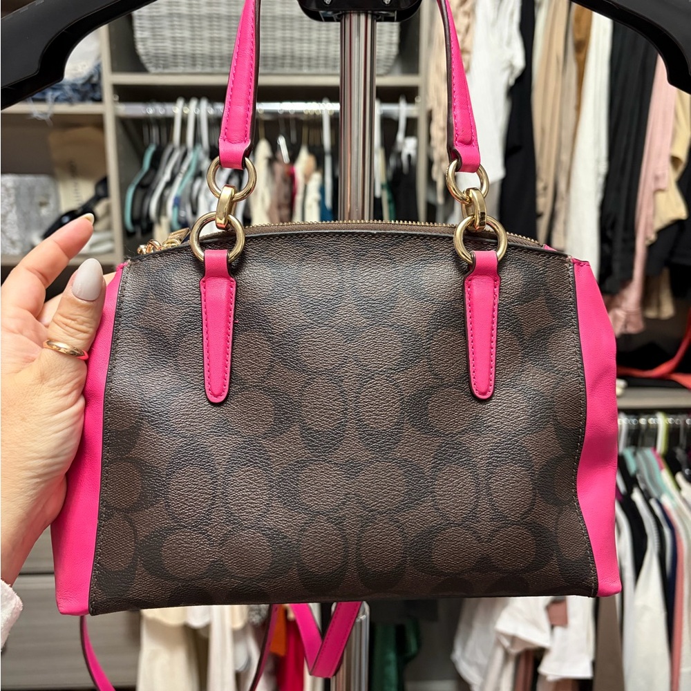 Coach Brown Signature Satchel with Bright Pink Trim - Picture 9 of 9